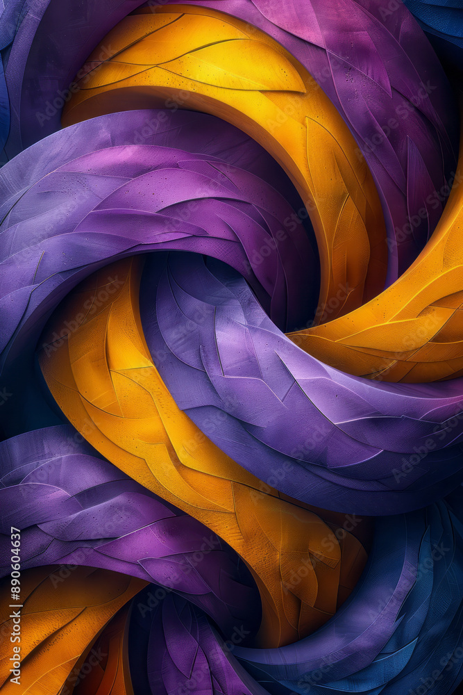 Poster an abstract 3d pattern featuring interlocking purple and yellow circular shapes, creating a vibrant 