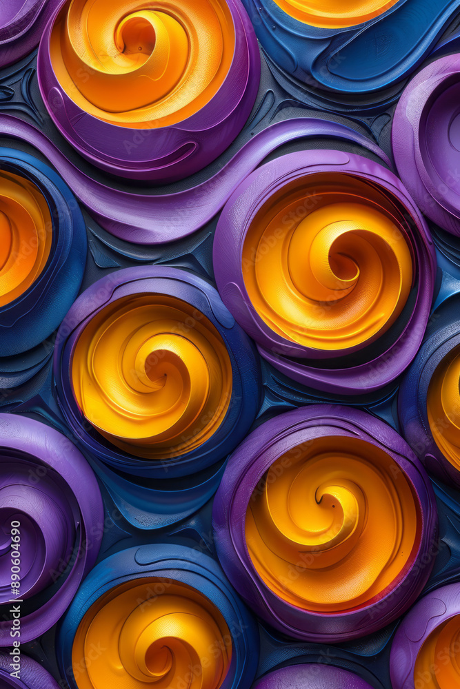 Poster an abstract 3d pattern featuring interlocking purple and yellow circular shapes, creating a vibrant 