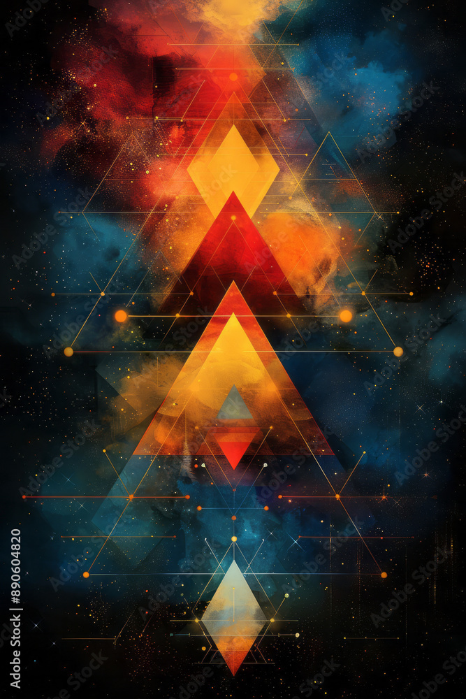 Aufkleber minimalist design with bold, colorful triangles creating an intricate geometric pattern on a black b