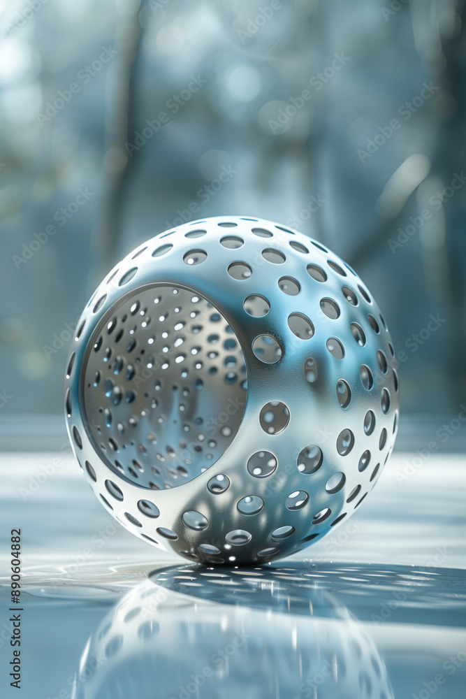 Poster an abstract metallic spherical structure with a perforated surface and smooth curves, set against a 