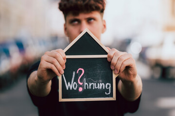 Mann hält Tafel als Haus vor sein Gesicht mit der Schrift Wohnung in rot und weiß