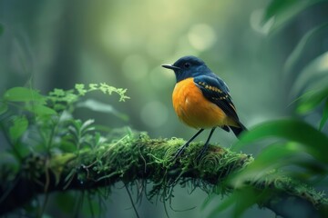 Fototapeta premium A vibrant blue and orange bird perched on a mossy branch in a lush green forest.
