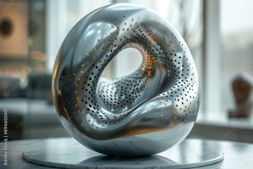 Poster abstract composition of a smooth, curved metallic sphere with a perforated surface, creating a futur