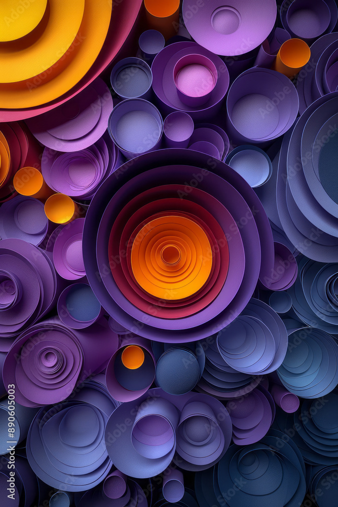 Poster dynamic composition of purple and yellow circular shapes in 3d, creating a visually striking geometr