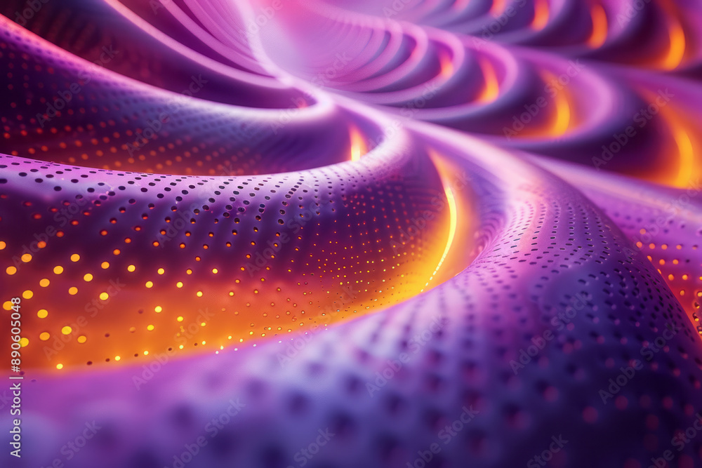 Poster smooth integration of purple and yellow 3d circles in an abstract geometric design,