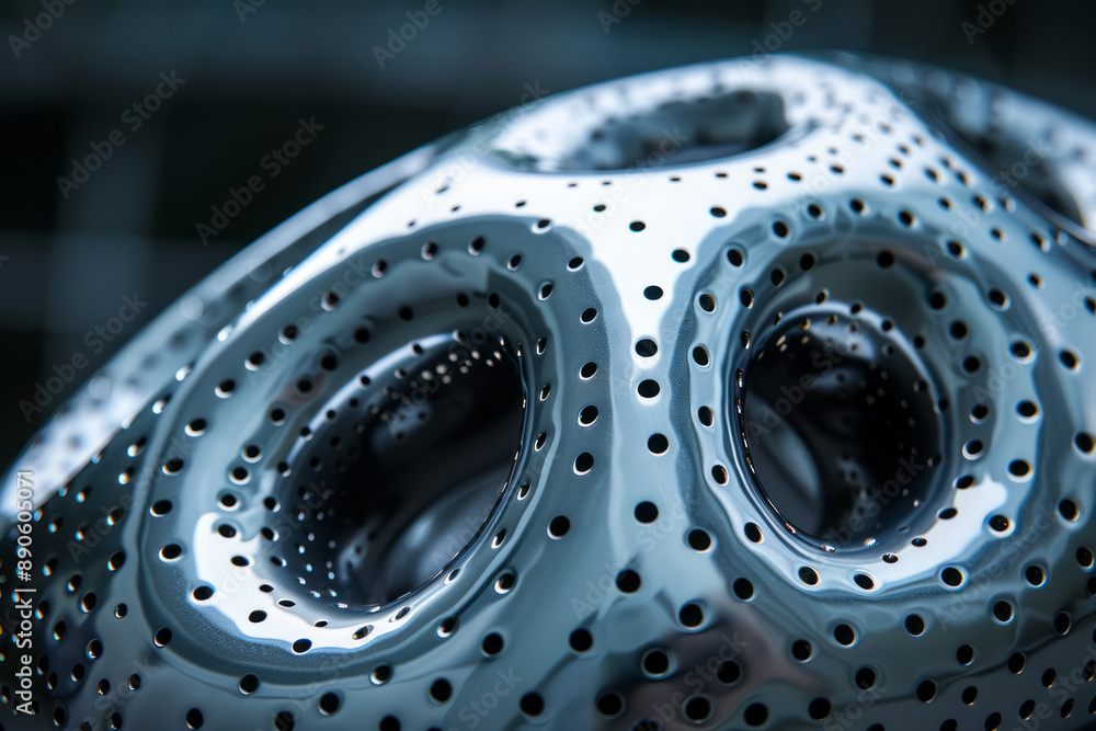 Poster intricate abstract design of a metallic spherical structure with detailed perforations and sleek cur