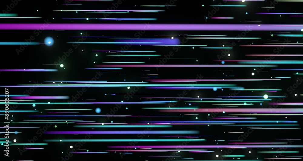 Poster Flying inside digital data tunnel. Futuristic abstract background with neon rays