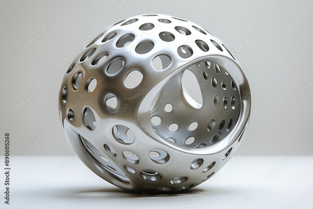 Poster abstract depiction of a perforated metallic sphere with elegant curves, creating a sense of motion o