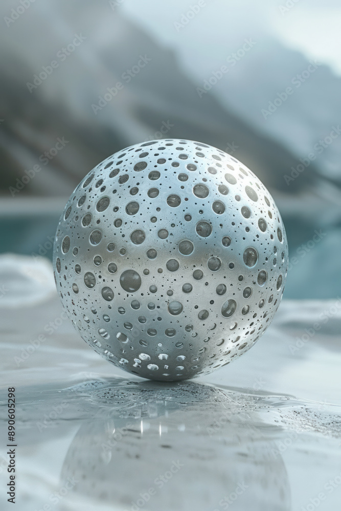 Poster surreal image of a smooth curved metallic sphere with intricate perforations, floating in a minimali