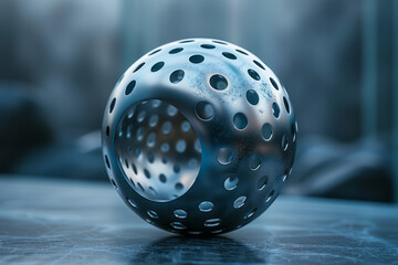Minimalist design with a metallic sphere featuring perforated patterns and smooth curves, creating a futuristic look on a dark backdrop,