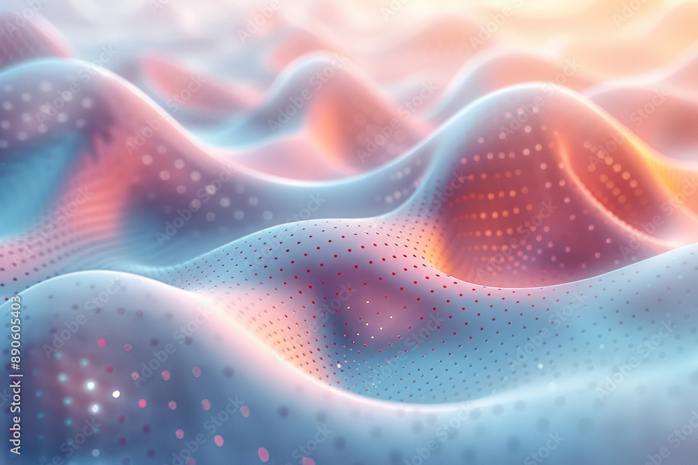Poster a minimalist abstract design featuring a wavy perforated surface with a soft pink to blue gradient, 