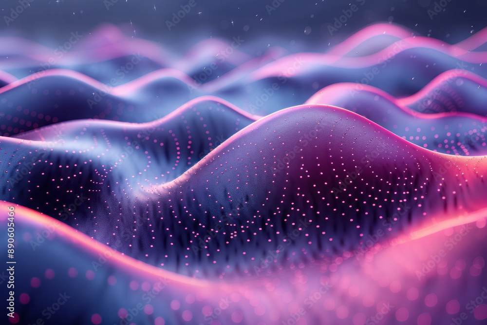 Poster surreal image of a wavy perforated surface with a fluid pink and blue gradient, creating a dreamy ef