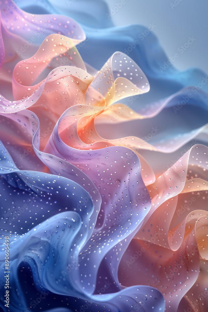 Poster abstract composition of a wavy surface with intricate perforations and a soft pink and blue gradient