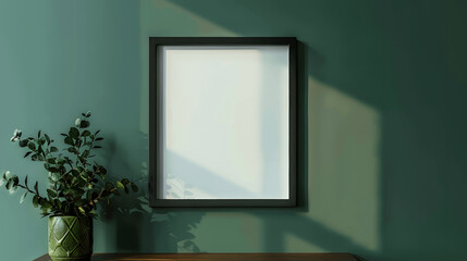 Fototapeta premium Black frame mockup with blank canvas on a dark green wall, sophisticated decor, iso A paper size, framed wall poster template, front perspective