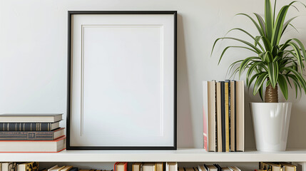 Black frame mockup with blank canvas on a minimalist bookshelf, clean design, iso A paper size, framed wall poster template, front perspective