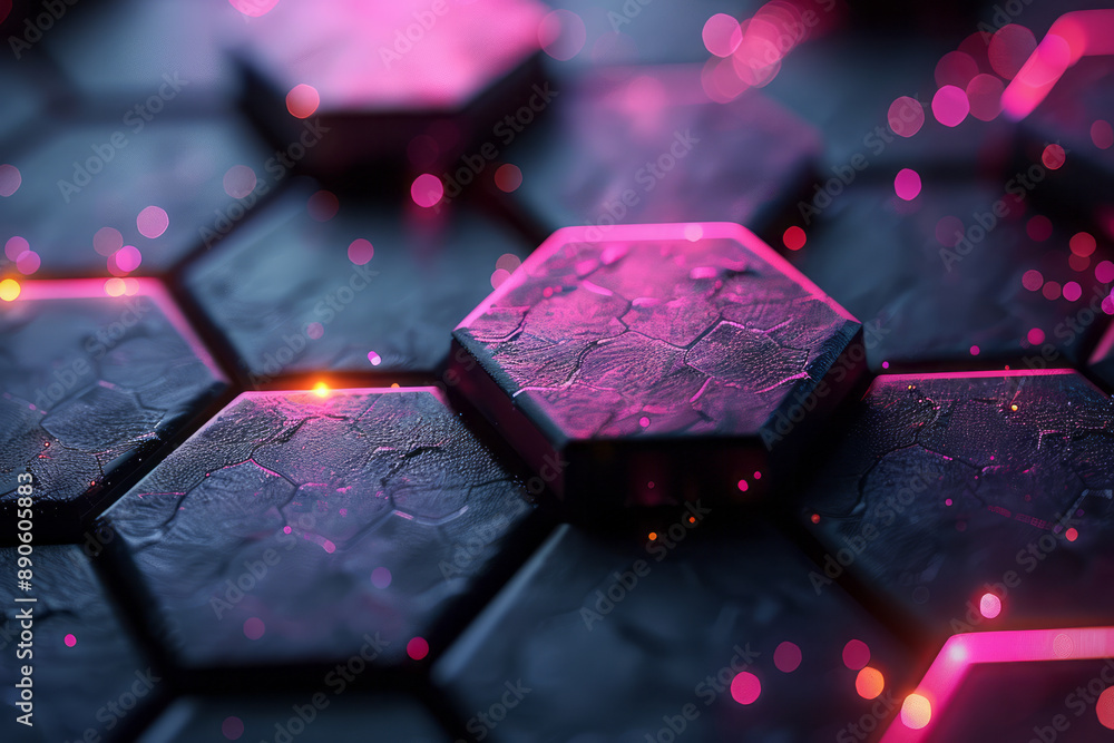 Poster abstract hexagonal design with a metallic finish and vibrant pink highlights, forming a captivating 