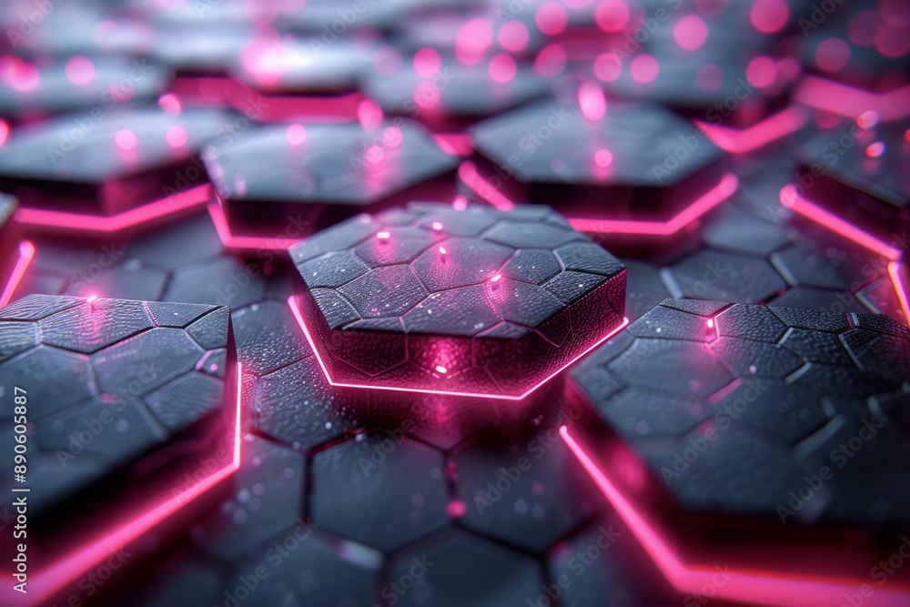 Poster minimalist depiction of a metallic hexagonal pattern with glowing pink accents, creating a sleek and