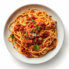 bowl with spaghetti bolognese on white background. Italian pasta dish, healthy food theme. Isolated on white background. Design for restaurant menu or display.