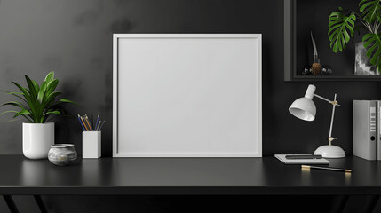 White frame mockup with blank canvas on a black desk, modern office, iso A paper size, framed wall poster template, front perspective