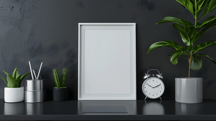 White frame mockup with blank canvas on a black desk, modern office setting, iso A paper size, framed wall poster template, front perspective