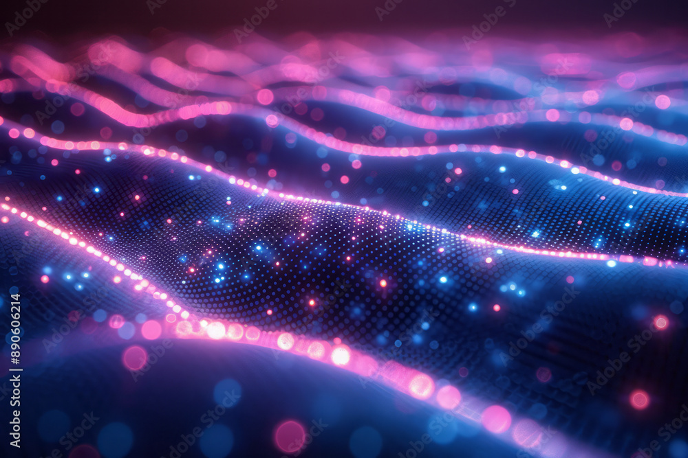 Poster intricate design of a dot pattern with blue and pink lights, set against a dark background, creating