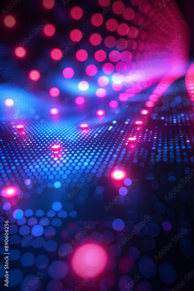 Poster abstract depiction of a dot pattern with blue and pink lights, creating a dynamic and energetic desi
