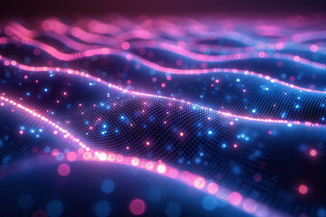 Fototapeta premium Intricate design of a dot pattern with blue and pink lights, set against a dark background, creating a vibrant visual effect,