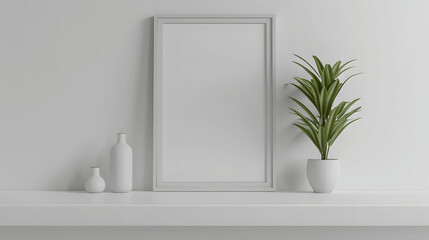 White frame mockup with blank canvas on a white floating shelf, minimalist decor, iso A paper size, framed wall poster template, front perspective