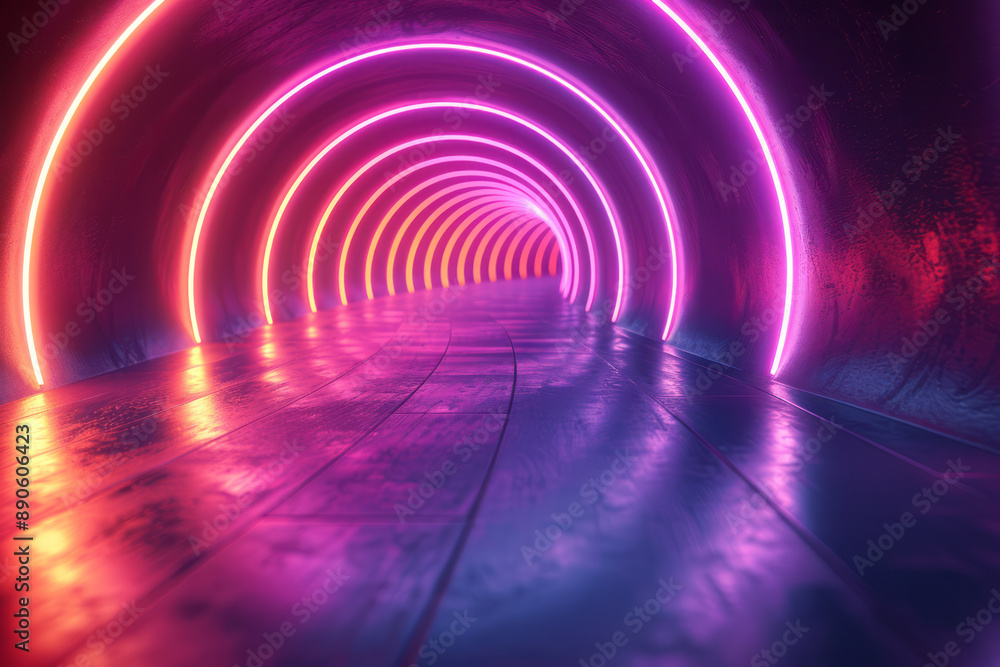 Poster abstract composition of concentric circles and squares with neon edges, forming a vibrant geometric 