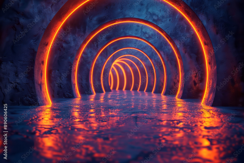 Poster minimalist design with overlapping concentric shapes illuminated by neon highlights, set against a d