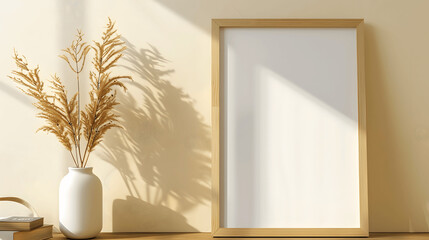 Wooden frame mockup with blank canvas on a beige wall, cozy style, iso A paper size, framed wall poster template, front perspective