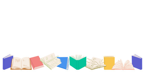Colorful books placed in a line on a white background. Vector illustration for decoration.
