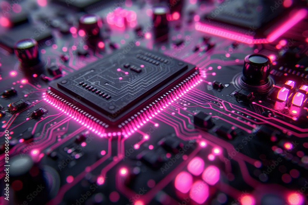 Poster abstract 3d circuit board design with pink neon highlights, creating a modern and visually striking 
