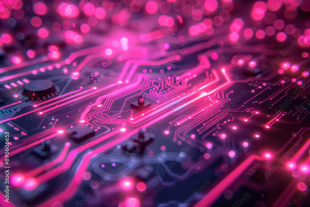 Poster a minimalist abstract design featuring a 3d circuit board with glowing pink neon lines, set against 