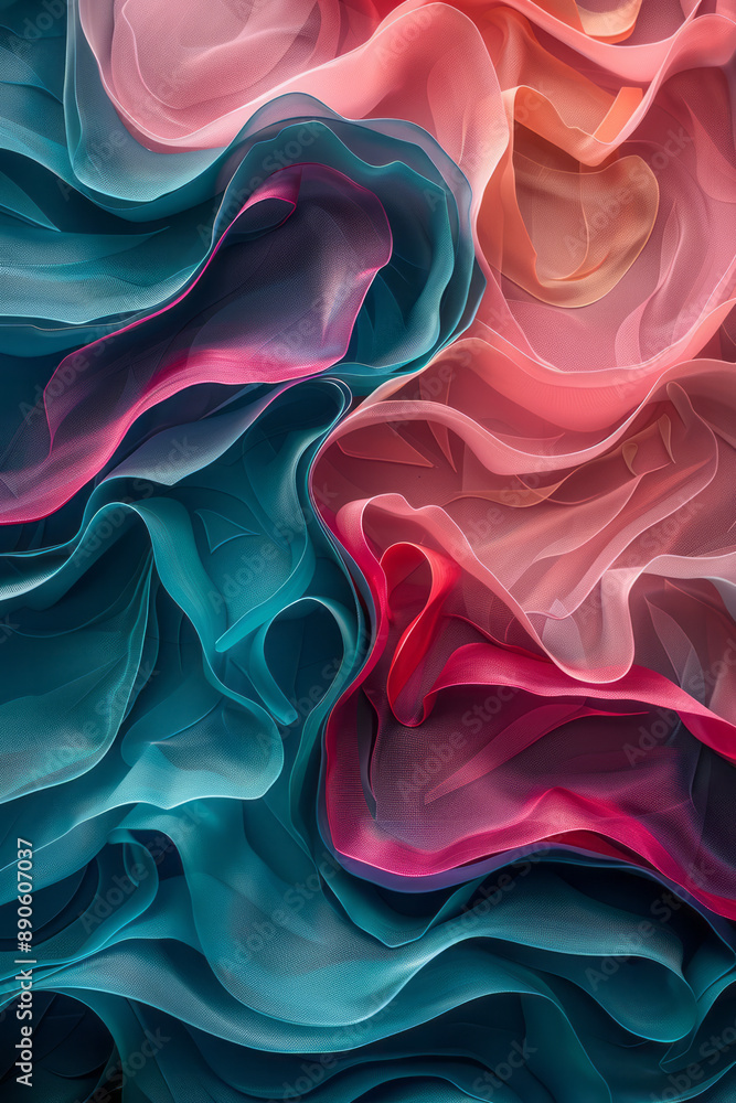 Poster abstract composition of overlapping wavy lines with pink and teal highlights, forming a visually cap
