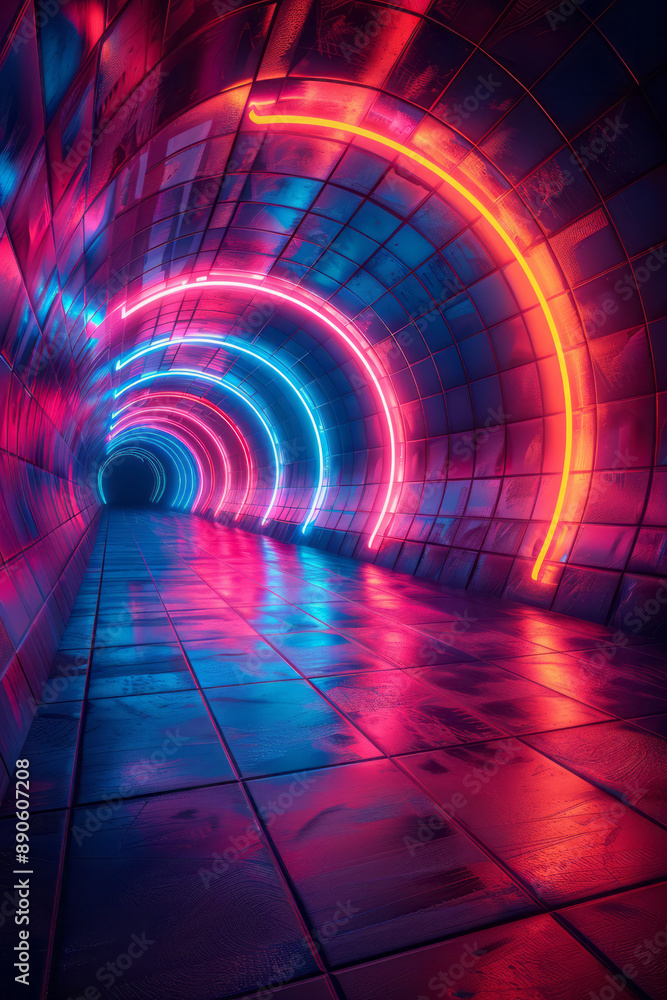Poster minimalist depiction of a spiral tunnel with neon-lit edges and smooth, flowing curves, creating a f