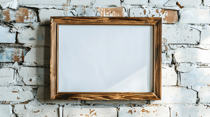 Wooden frame mockup with blank canvas on a whitewashed brick wall, coastal theme, iso A paper size, framed wall poster template, front perspective