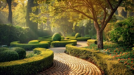 Stone Pathway Through A Lush Garden.
