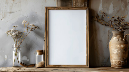 Wooden frame mockup with blank canvas on a wooden table, farmhouse chic, iso A paper size, framed wall poster template, front perspective