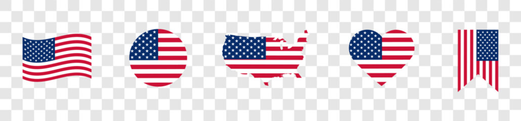 USA flag icons vector set. United States of America flat badges .Flag of usa vector flat symbol collection .USA flag labels set. Set of American flag icons isolated on transparent background. © Tally 18