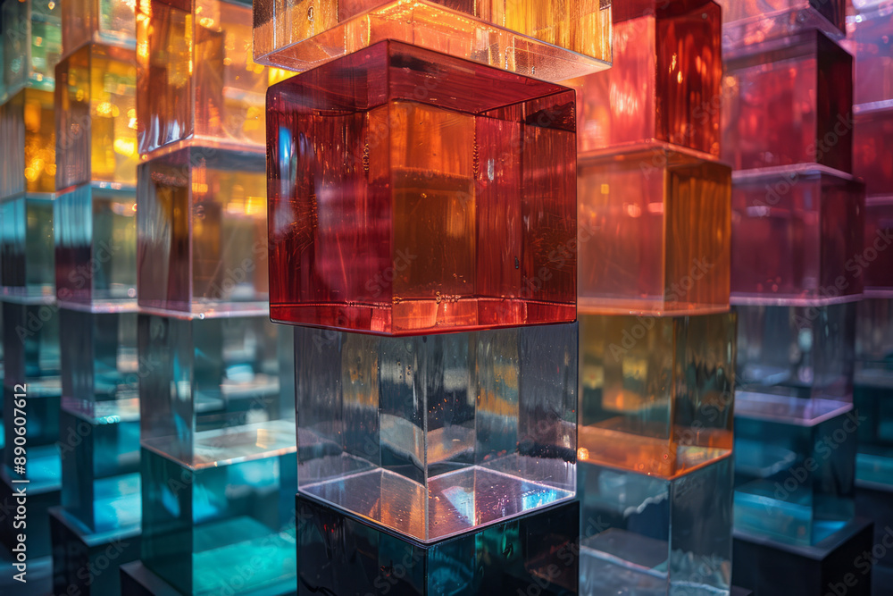 Poster minimalist design of multicolored cubes, both transparent and opaque, suspended in a black void, cre