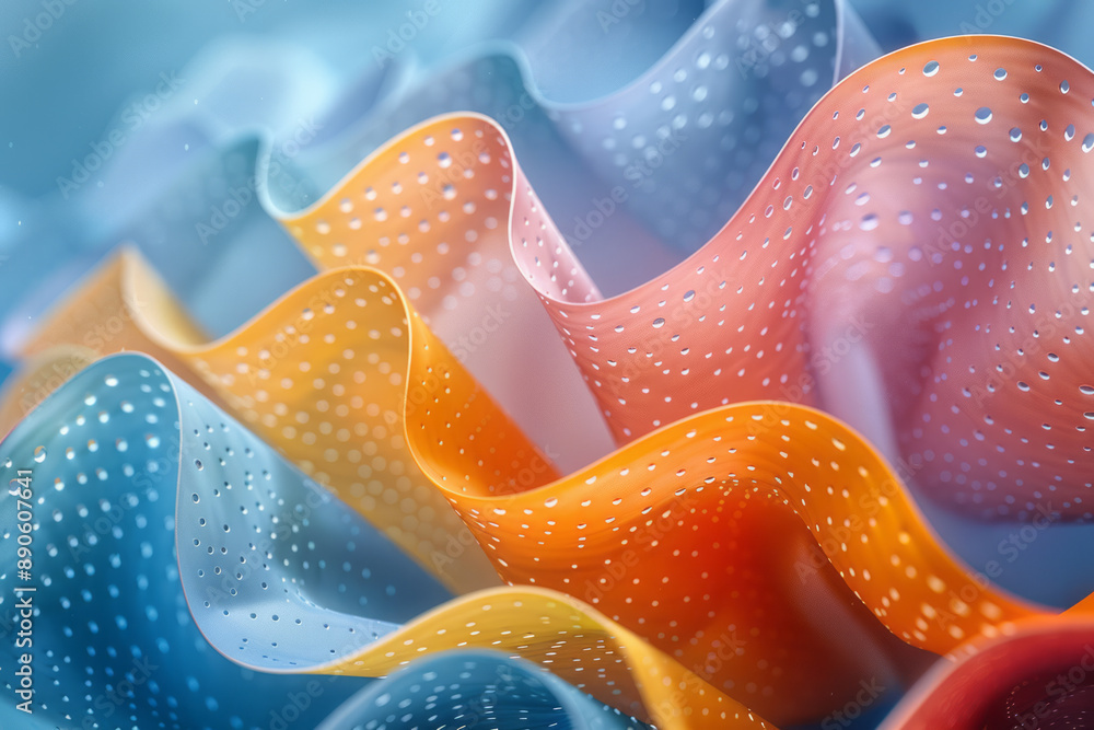 Poster a surreal image of twisted perforated tubes with gradient colors, creating a sense of movement again
