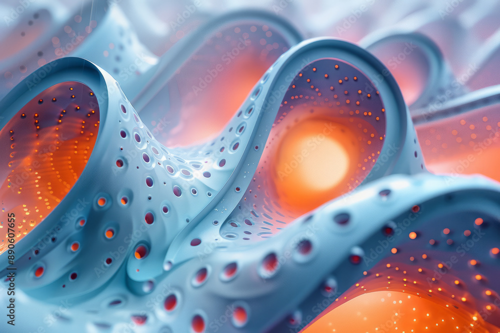Poster a surreal image of twisted perforated tubes with gradient colors, creating a sense of movement again