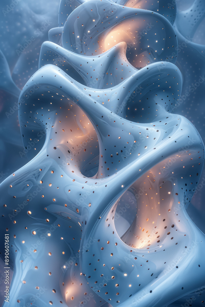 Poster intricate design of twisted tubes with perforated surfaces and gradient colors, set against a light 