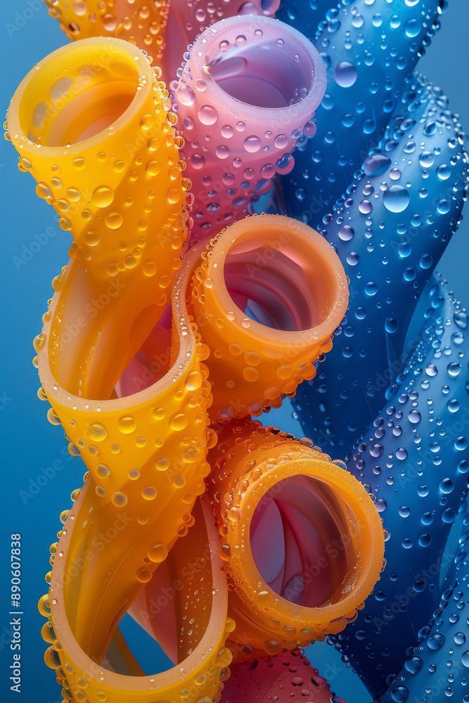 Poster minimalist depiction of colorful twisted tubes with perforations, creating a sense of depth and move