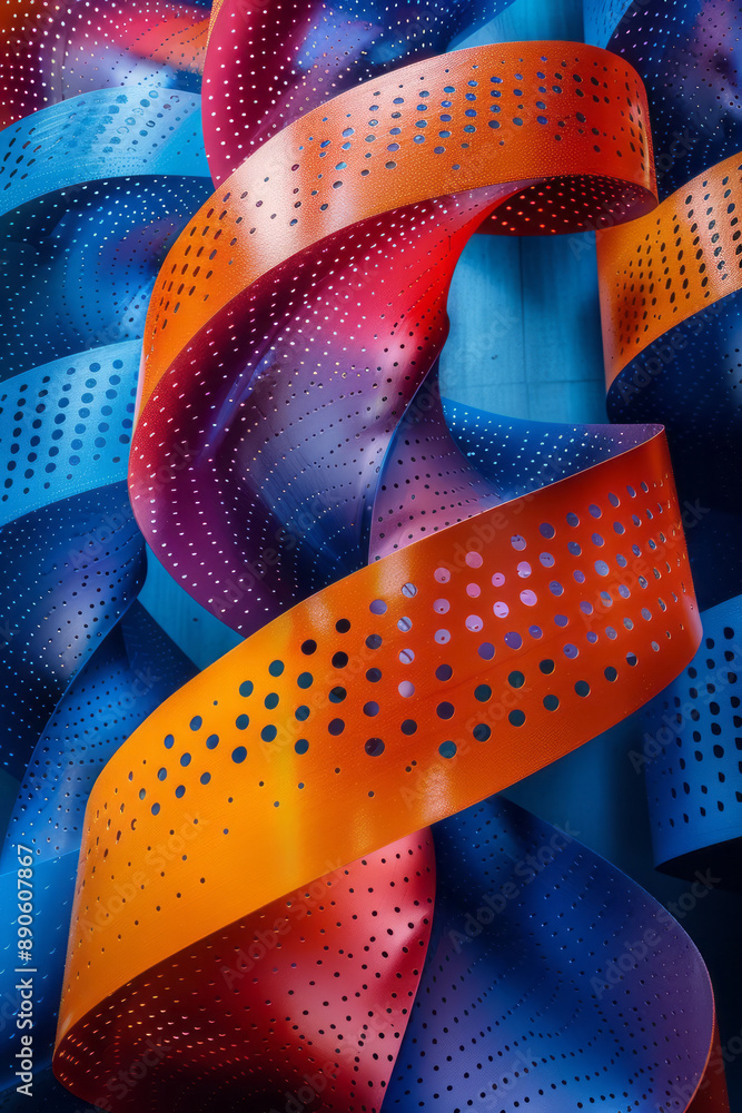 Poster abstract twisted tubes with gradient colors and perforated surfaces, creating a striking visual desi