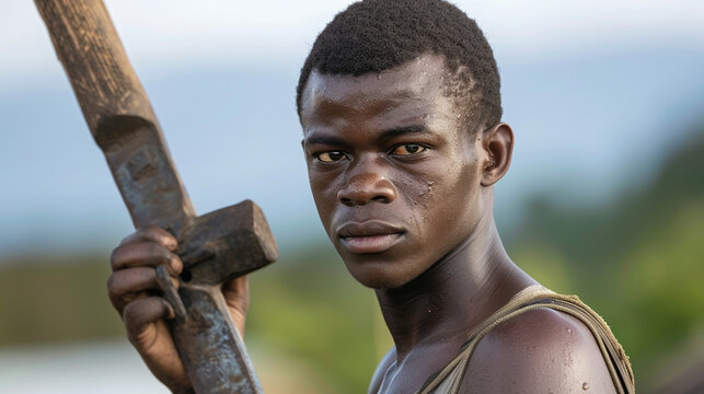A man is holding a large stick and looking at the camera