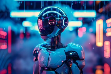 Futuristic Woman Interacting with Advanced Virtual Interface in a Cyberpunk Environment