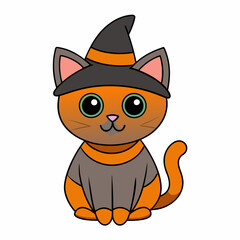 Adorable Halloween cat in a pumpkin with witch hat vector illustration featuring festive elements and a white background