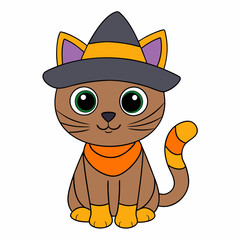 Adorable Halloween cat in a pumpkin with witch hat vector illustration featuring festive elements and a white background